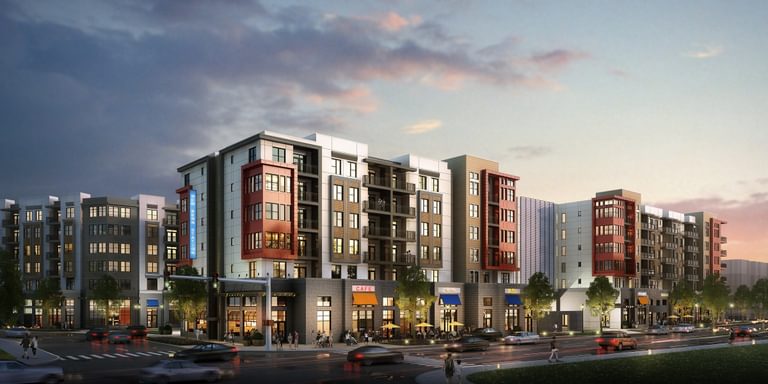 Bradham rendering exterior at dusk from across the street