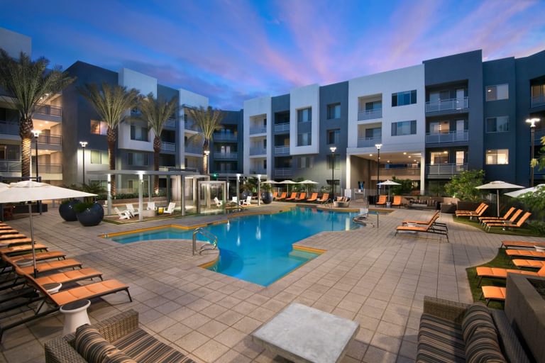 Nexa exterior pool at dusk