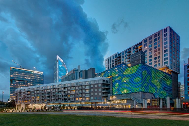 Novel exterior at dusk