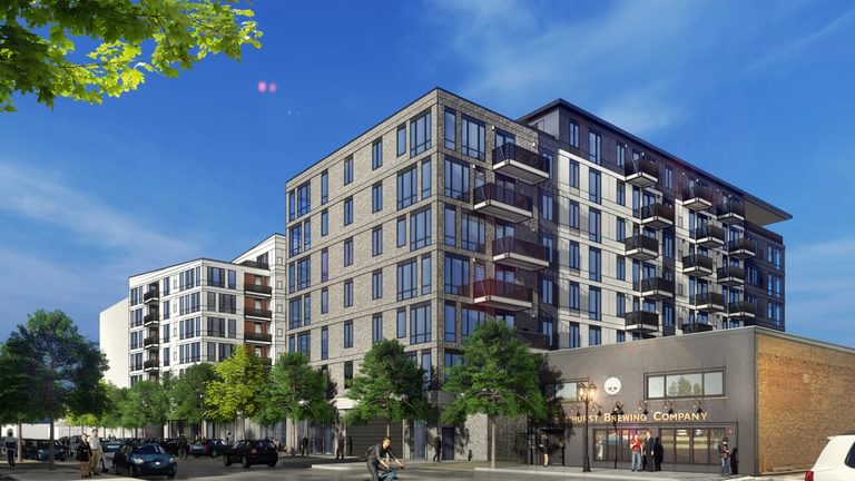 The Fynn exterior rendering street view with cars and people
