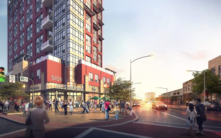 The Mitchell rendering exterior with people